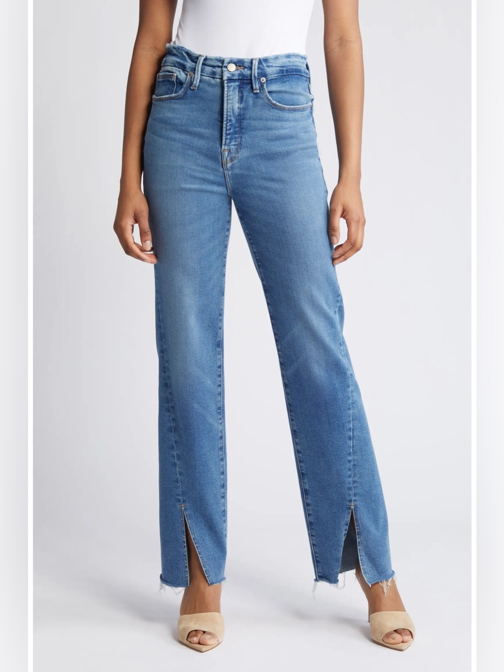 Good American Good Boy Twisted Slit Raw Hem Denim Jeans in Indigo584.